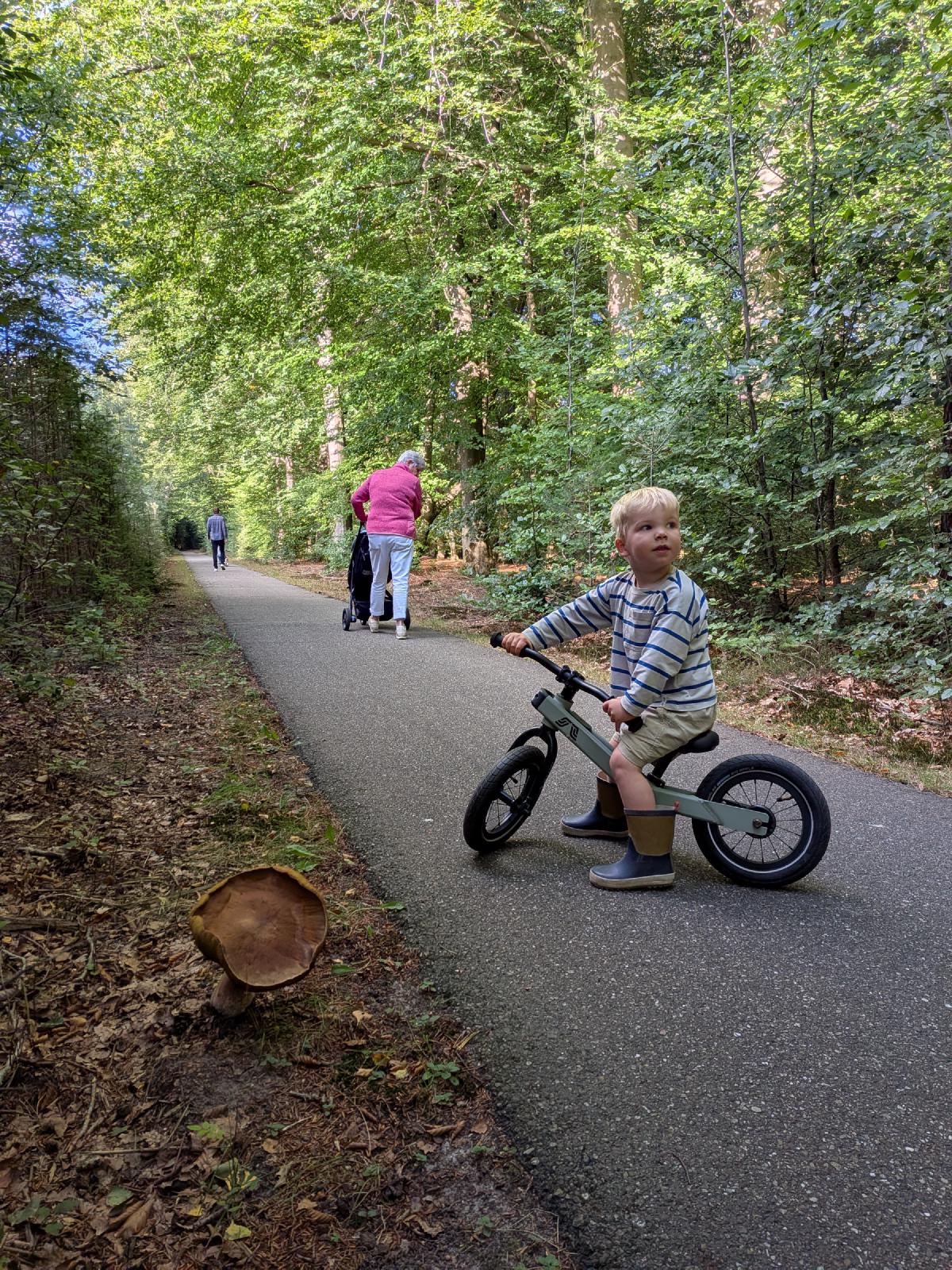 Tuur op zijn loopfiets in de Drentse bossen